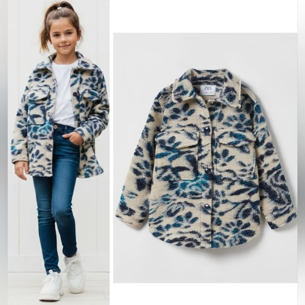 Zara Wool Blend Blue And Cream Structured Floral Overshirt Shacket Size 11 / 12